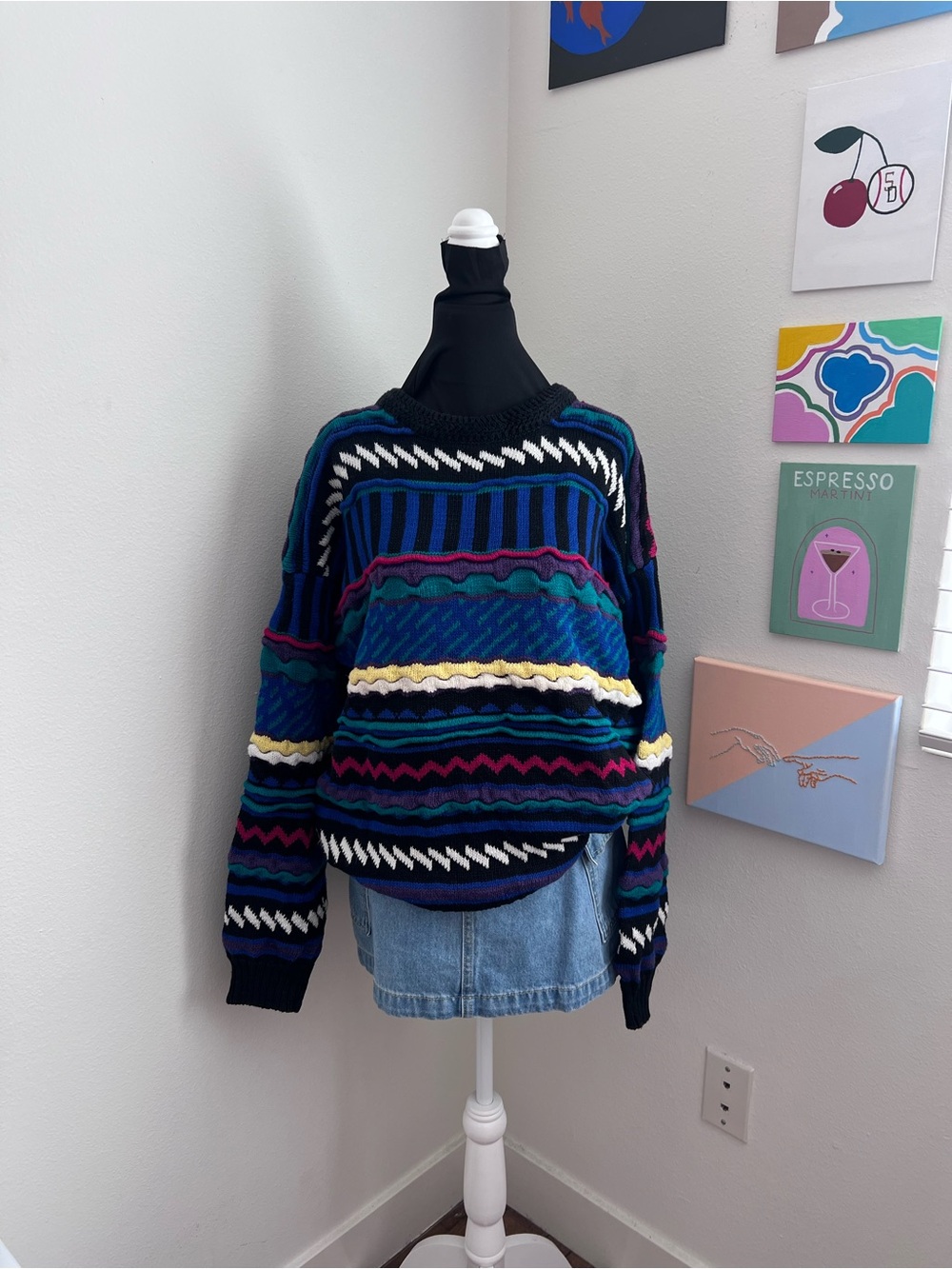 Vintage Coogi Style 3D Knit Sweater – Colorful Textured Pullover – Size M